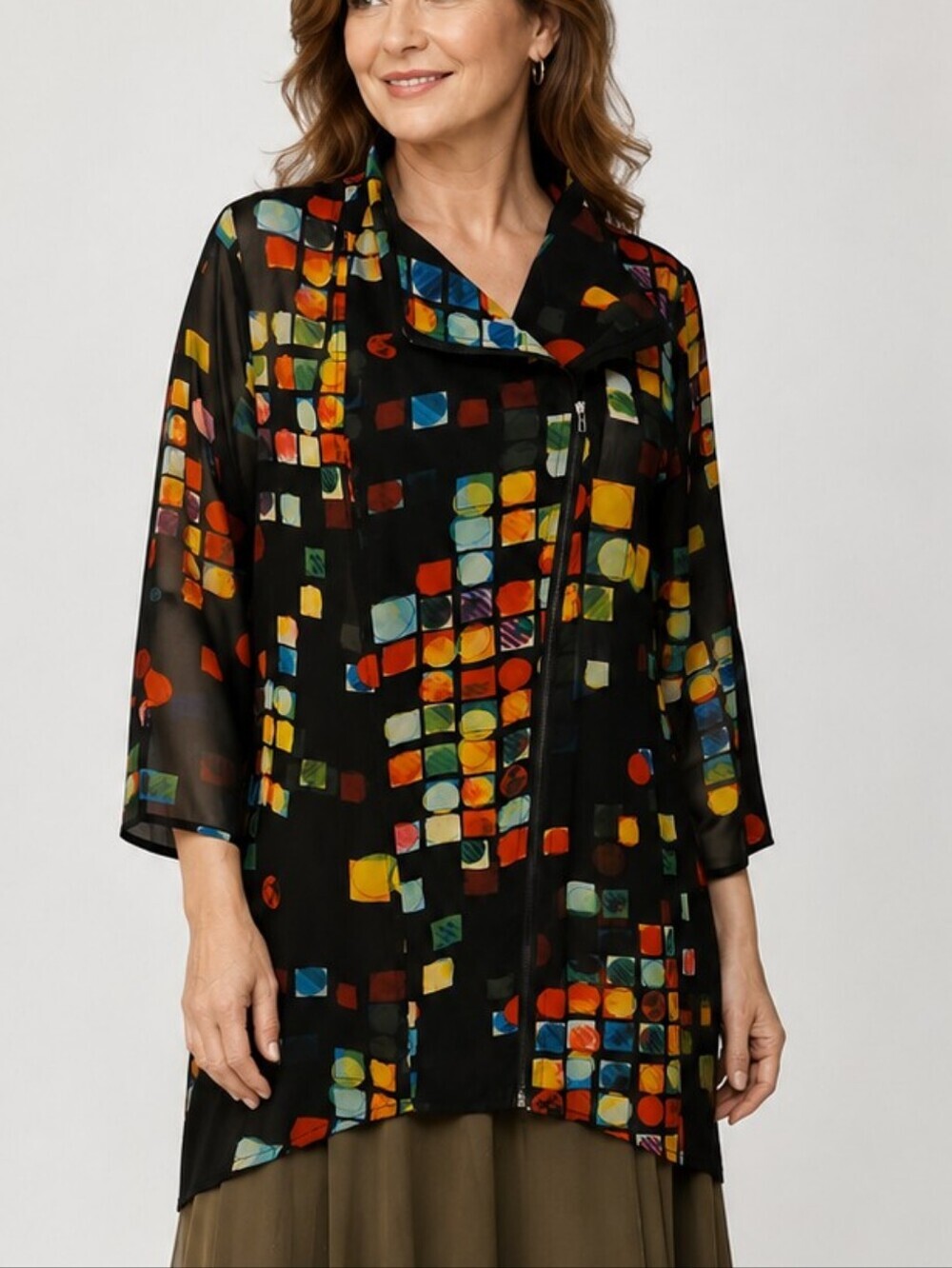 PARIS HUES Black Multicolor Abstract Square Lights Sheer Moto Chiffon Shacket